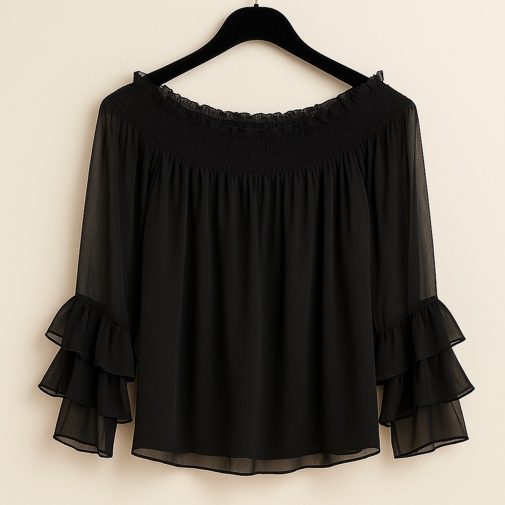 CeCe Ruched Neck Off-the-Shoulder Blouse Flutter Sleeve Black XS